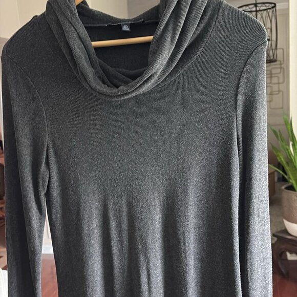 Soft Knit Cowl Neck Tunic Sweater Top Dark Gray Asymmetrical Hem - Picture 6 of 6